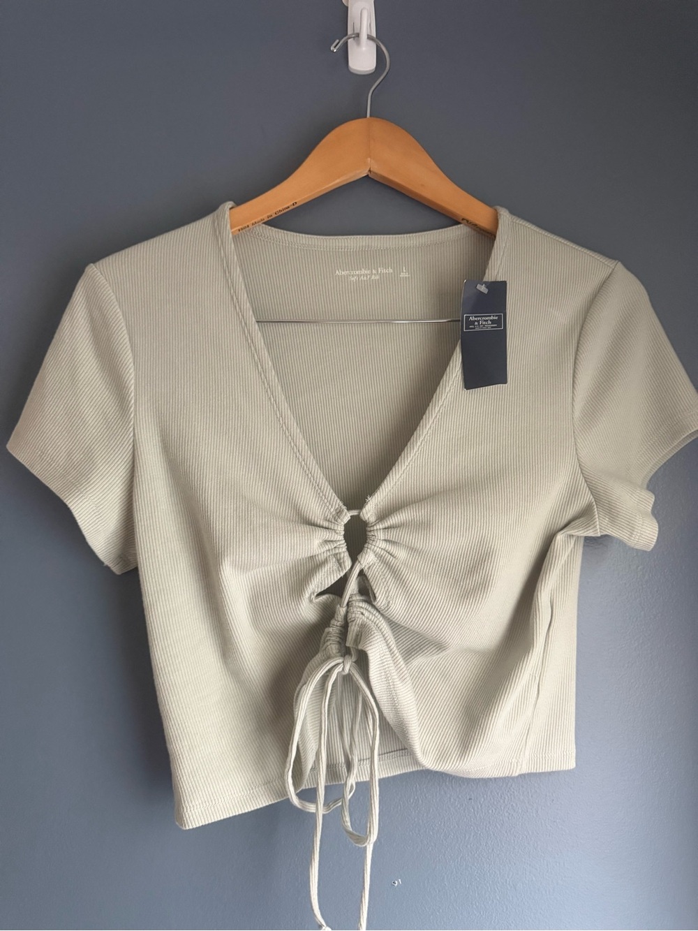 Abercrombie & Fitch Sage Green Ribbed Tie-Front Crop Top